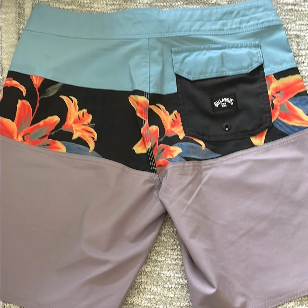 Billabong Blue and Black Board Shorts with Tropical Flair NWOT